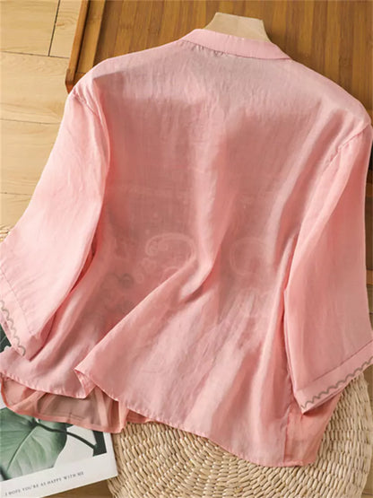 Leichtes, besticktes Ramie-Sommerhemd im chinesischen Stil für Damen