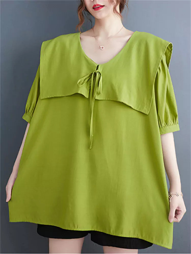 Plus Size Summer Loose-Fit Short Sleeve Shirt with Cape Detail and Doll Collar