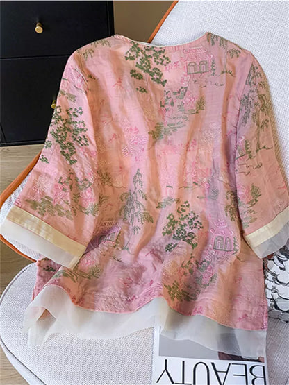 Hochwertige, leichte, bestickte Sommerbluse im Zen-Stil für Damen mit chinesischen Elementen