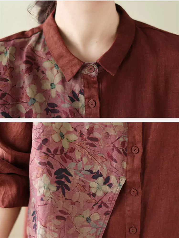 Casual Loose Fit Button Down Cotton Linen Blouse with Printed Patchwork for Women