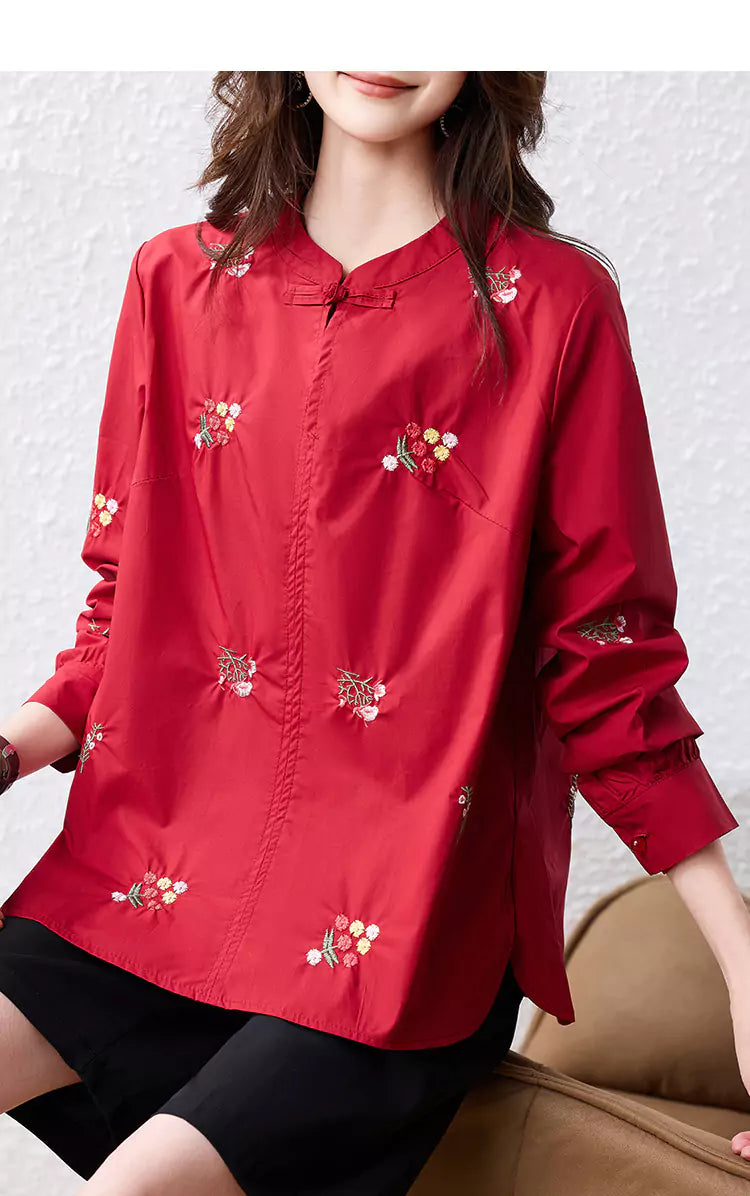 Trendy Embroidered Stand Collar Long Sleeve Blouse for Women with Frog Buttons