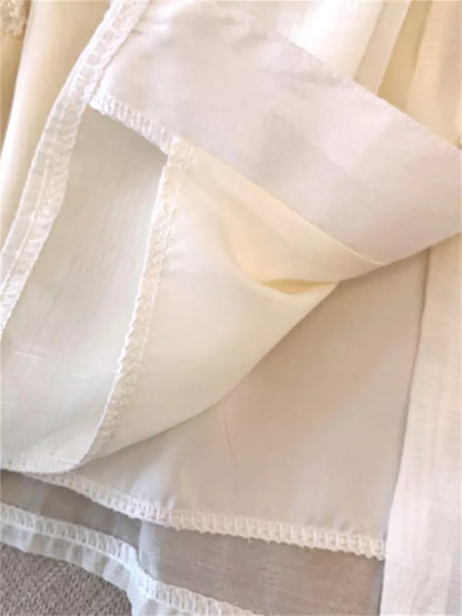 Blusa de gasa de manga corta con bordado exquisito y mangas abullonadas para mujer, talla grande