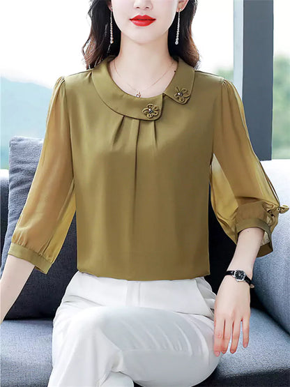 Blusa de seda morera de verano con cuello Peter Pan y mangas 3/4 para mujer