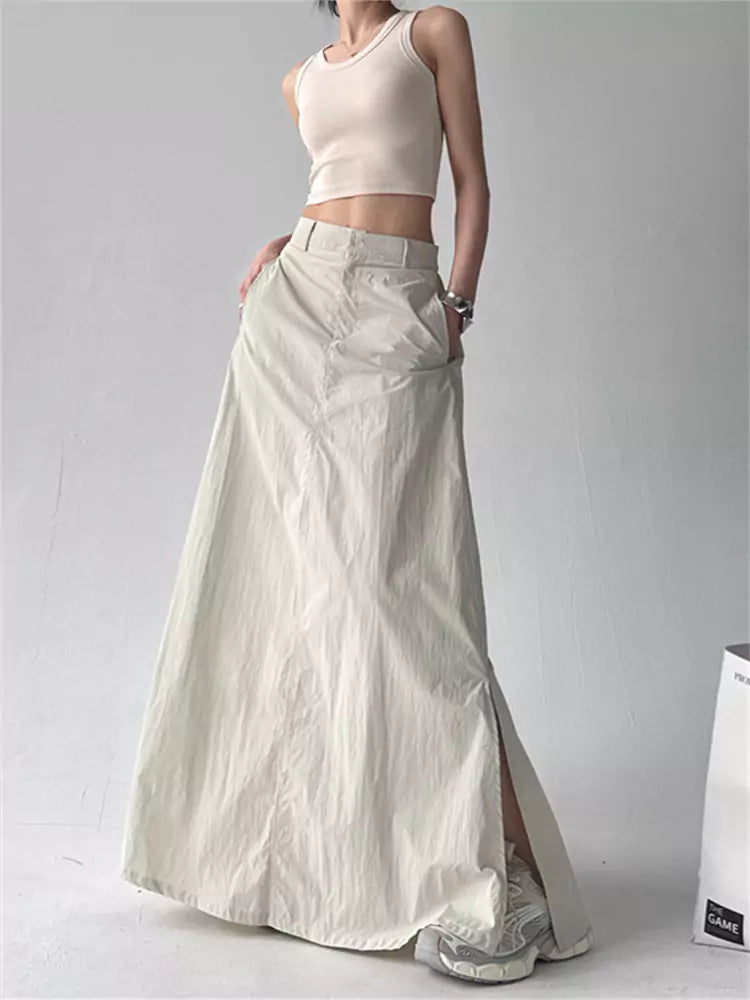 Falda larga estilo tubo de cintura alta con frunces laterales en gris estilo vintage americano para mujer