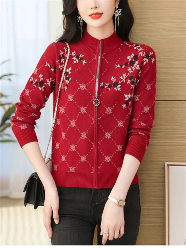 Stylish Embroidered Zip Up Wool Cardigan for Women