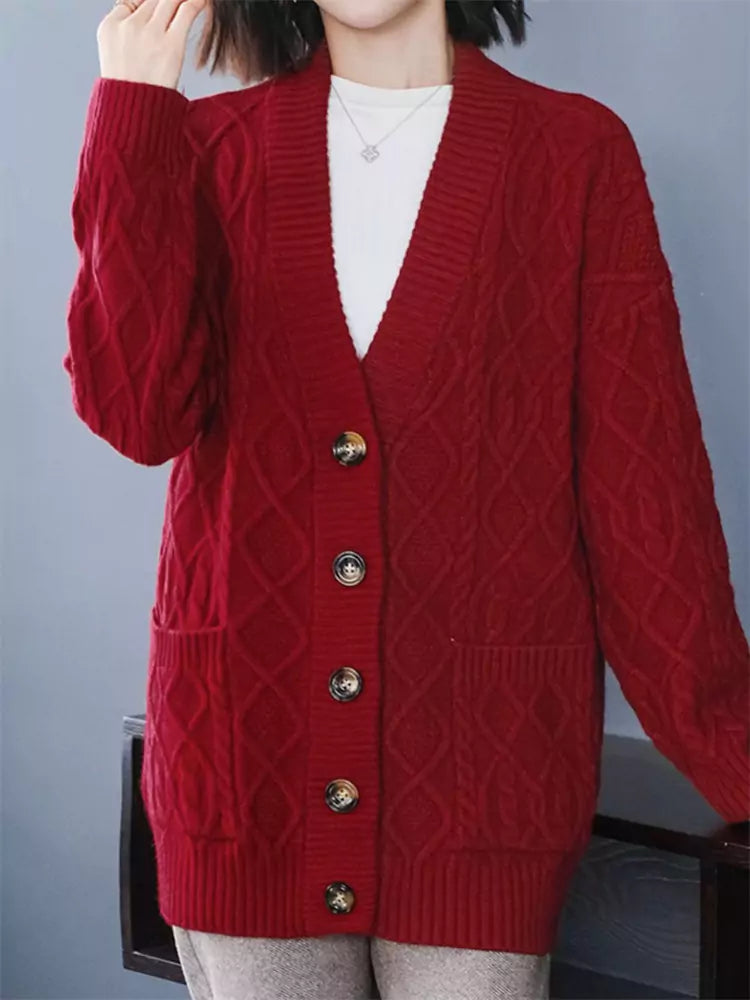 Blauer, grob gestrickter Cardigan für Damen