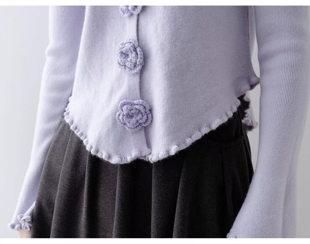 Elegant Purple Round Neck Knit Top with Floral & Ruffle Details