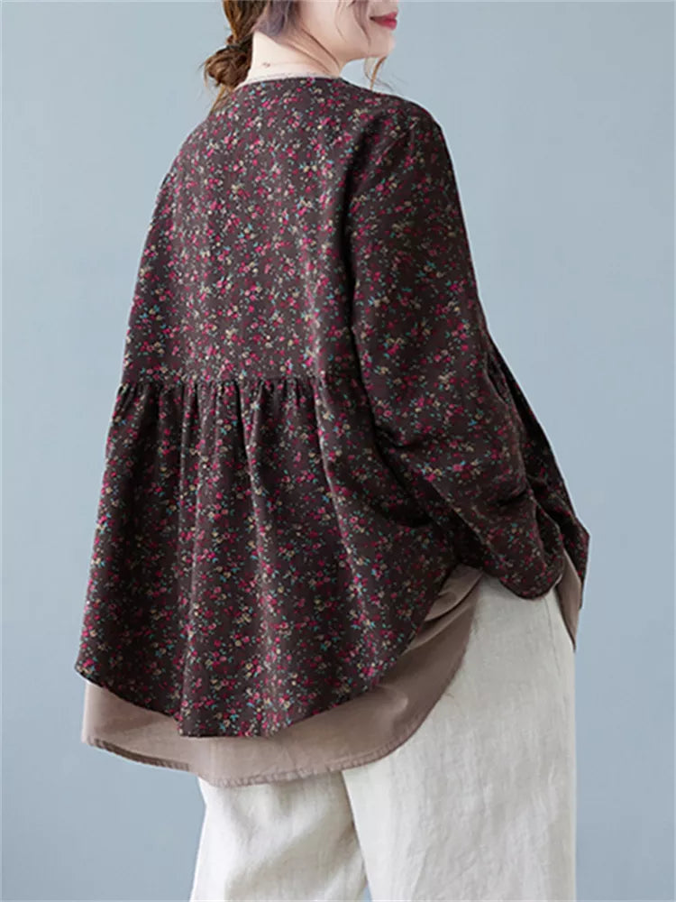Blusa de algodón y lino con cuello en V, dos capas y estampado floral, talla grande para mujer