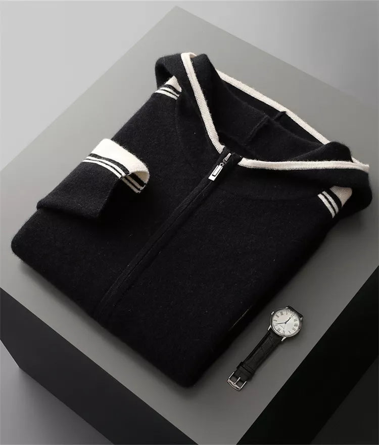 Men's Premium Pure Wool Knitted Tracksuit Set 2-Piece Striped Zip-Up Hoodie & Joggers