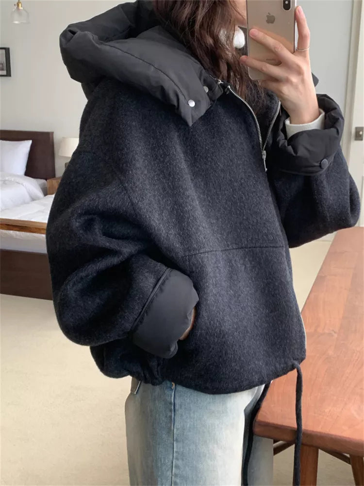 Women's Coffee Brown Woolen Zip-Up Short Jacket with Detachable Hooded Insert