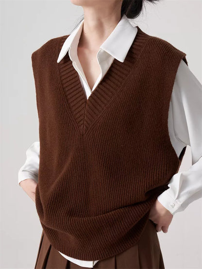 Women's Dark Brown Wool V-Neck Knit Vest Loose Sleeveless Pullover Sweater