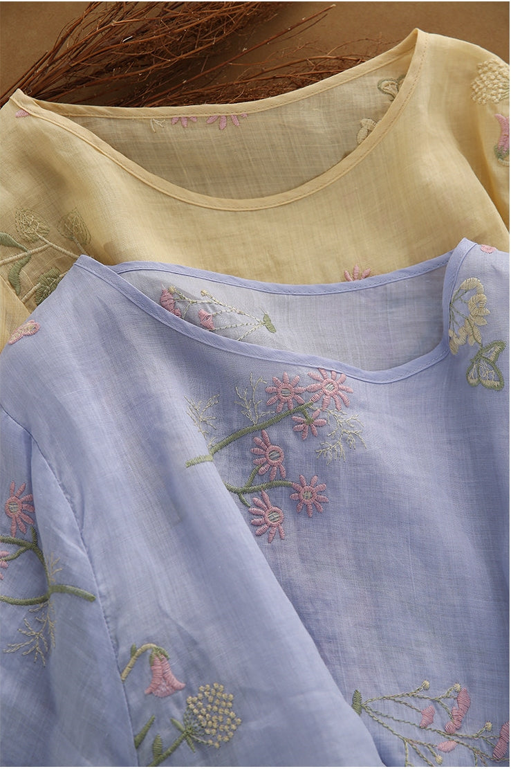 100% Ramie Top with Floral Embroidery & Lantern Sleeves