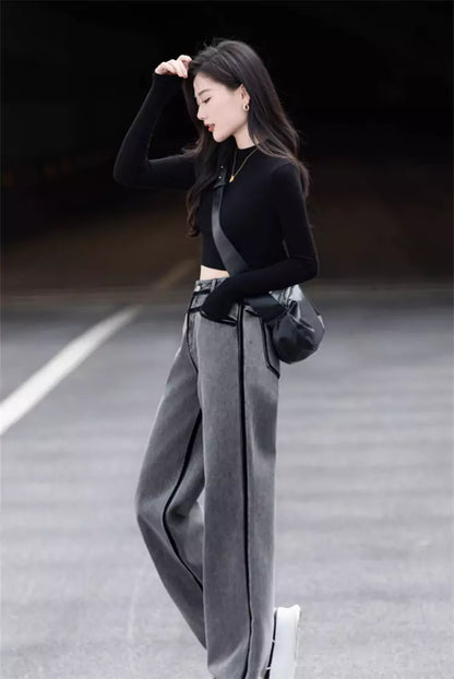 Fashionable Smoke Grey Side Stripe Straight Leg Jeans for Women