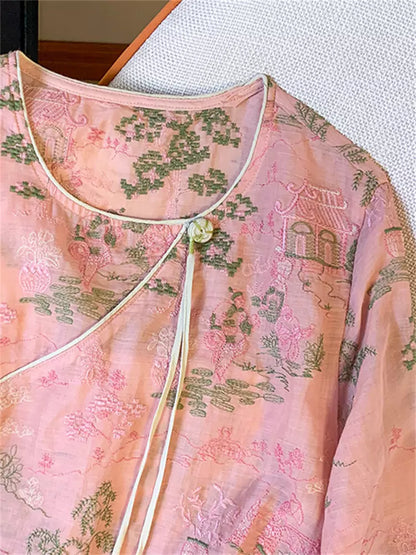 Artistic Landscape Embroidered Lightweight Cotton-Linen Top with Organza Patchwork in Modern Chinese Style