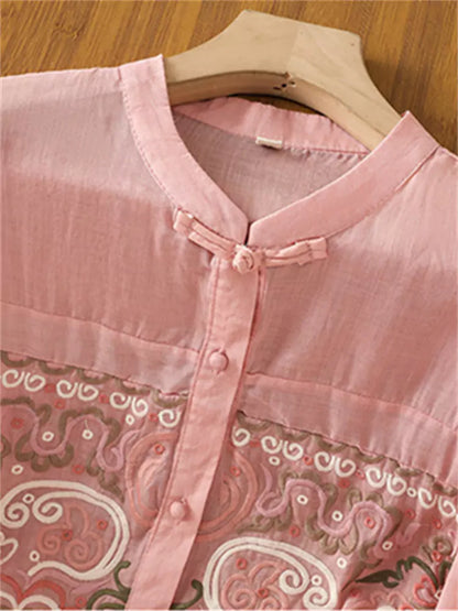 Leichtes, besticktes Ramie-Sommerhemd im chinesischen Stil für Damen