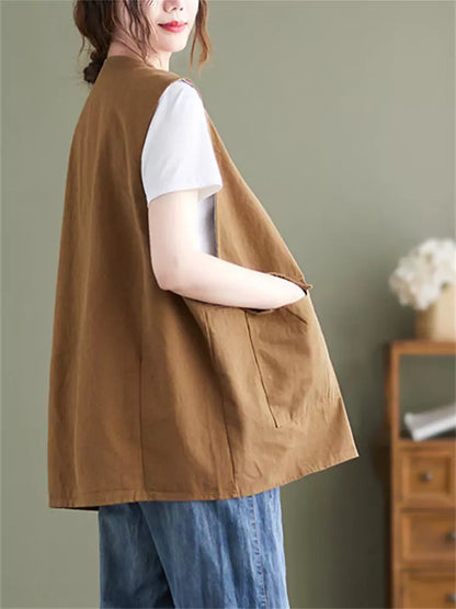 Plus Size Pockets Solid Color Cotton Vest for Women