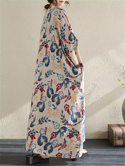 Maxikleid im Boho-Stil mit Blumenmuster aus Baumwoll-Leinen-Mischgewebe in Übergröße für Damen