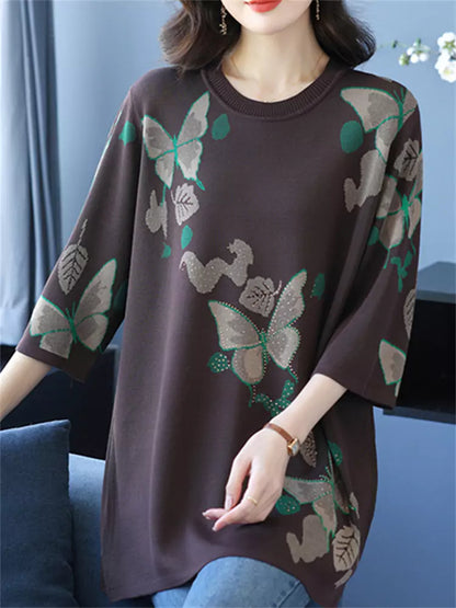 Top de punto estampado con cuello redondo y manga corta para mujer, de talla grande y moderno