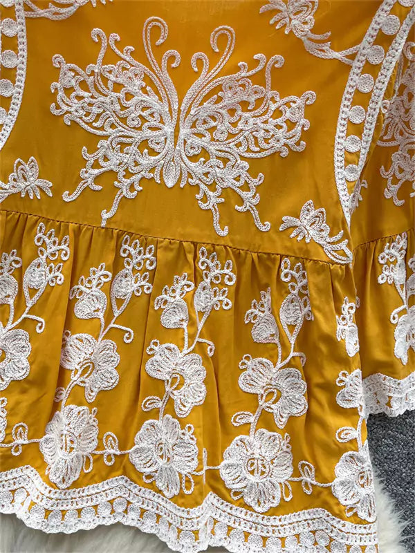 Vintage-Bluse im Boho-Stil, gelb, mit Häkelspitze und 3/4-Ärmeln, für Damen