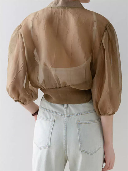 Leichte, sonnenschützende Chiffonbluse mit V-Ausschnitt und Laternenärmeln für Damen