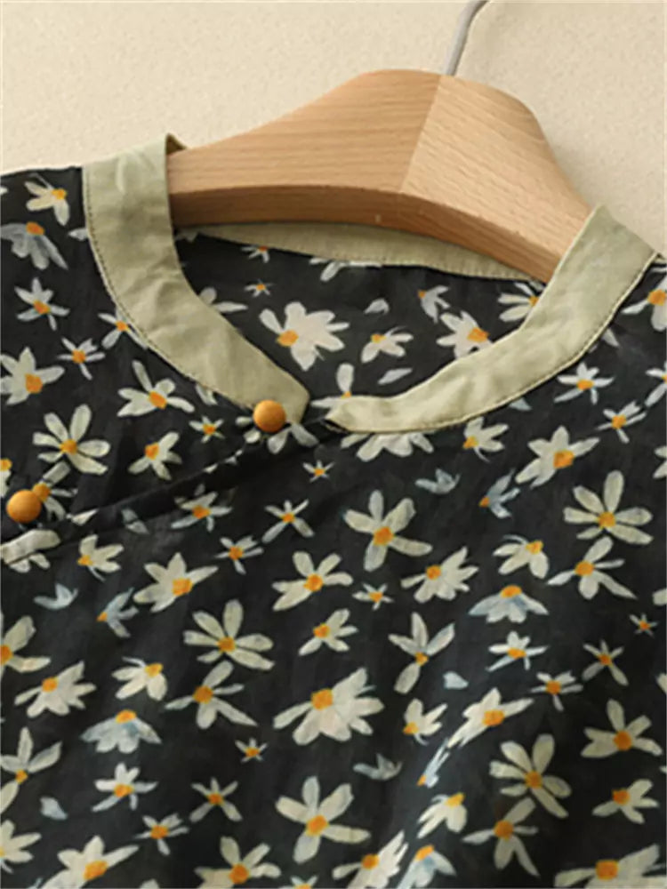 New Chinese Style Asymmetrical Placket Cotton Linen Blouse