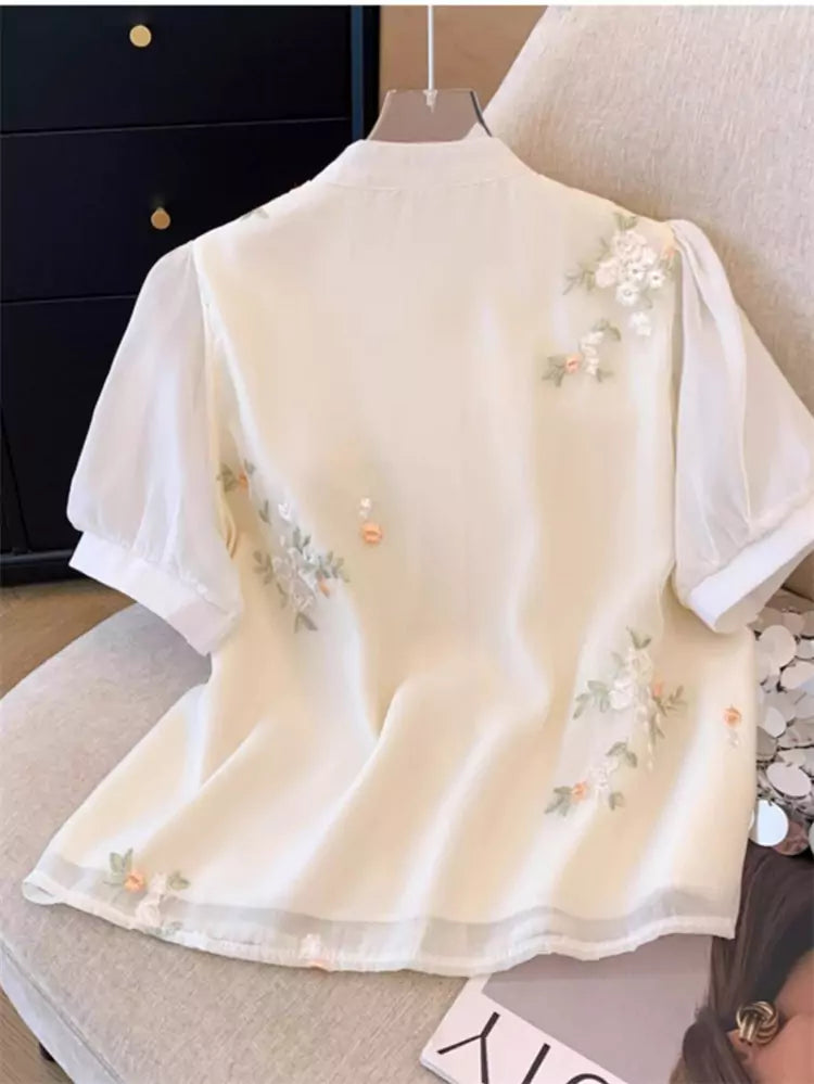 Plus Size Exquisite Embroidered Short Sleeve Chiffon Blouse with Puff Sleeves for Women