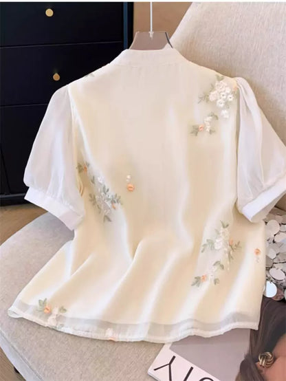 Blusa de gasa de manga corta con bordado exquisito y mangas abullonadas para mujer, talla grande