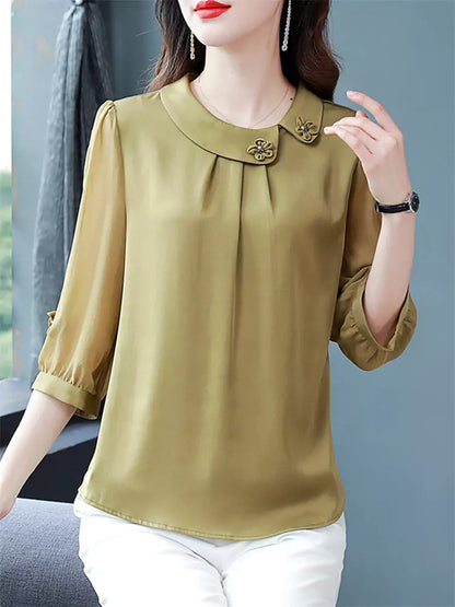 Blusa de seda morera de verano con cuello Peter Pan y mangas 3/4 para mujer