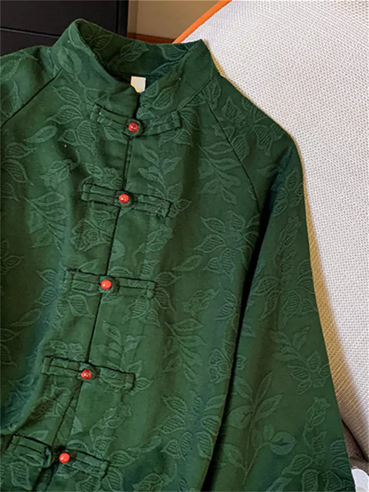 Vintage-Bluse im chinesischen Stil mit Jacquard-Muster, Stehkragen und Knopfleiste für Damen