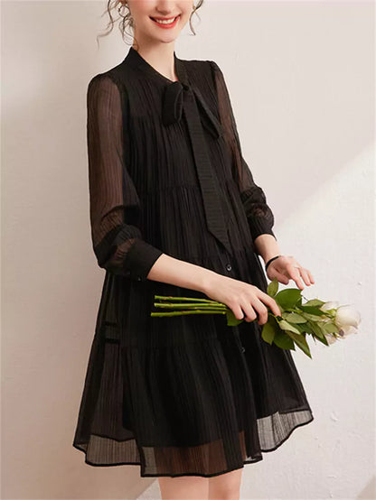 Elegantes, strukturiertes Midikleid mit langen Ärmeln und Schleife für Damen