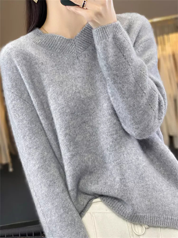 Women’s Camel V-Neck Wool Sweater with High-Low Hem in Loose Thickened Cozy Style