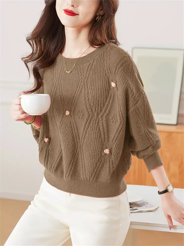 Women’s Camel Embroidered Sweater – Short Knit Pullover for Autumn Winter