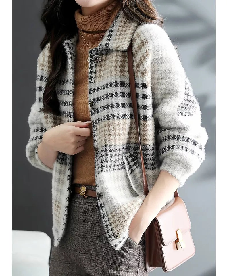 Short Plaid Faux Mink Fur Jacket for Women