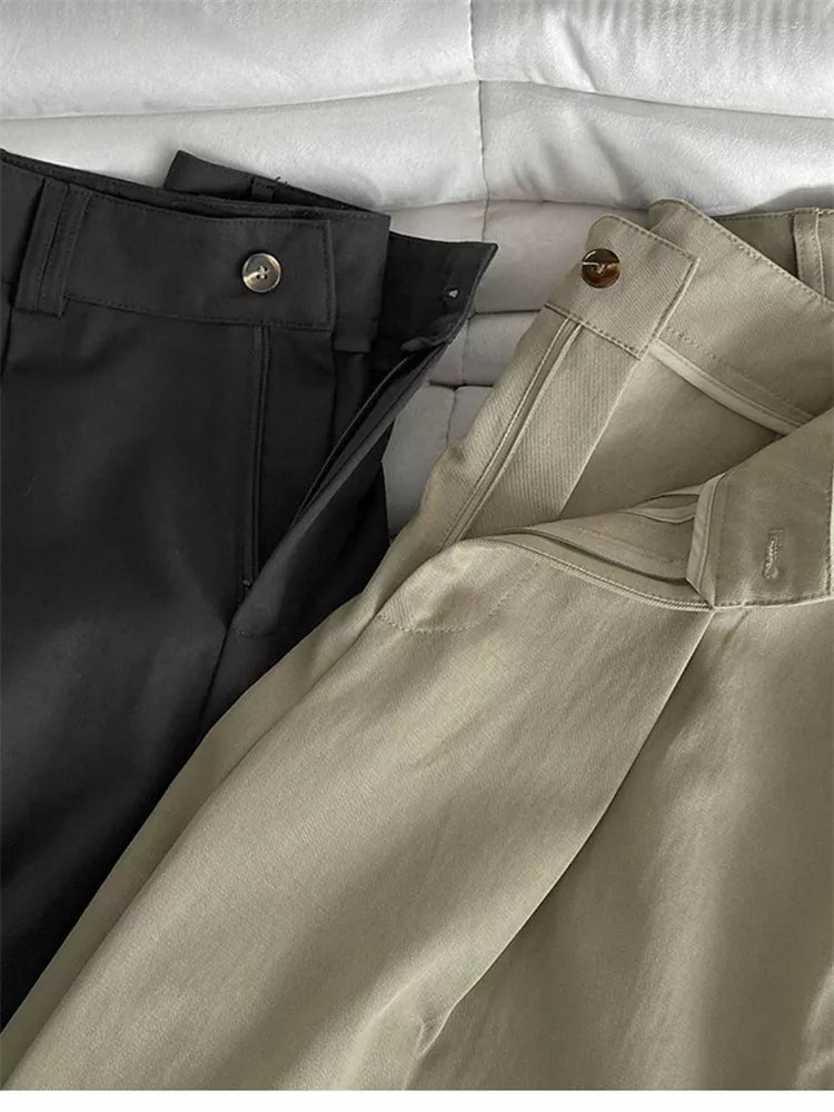 Pantalones casuales anchos de tencel plisados ​​para mujer