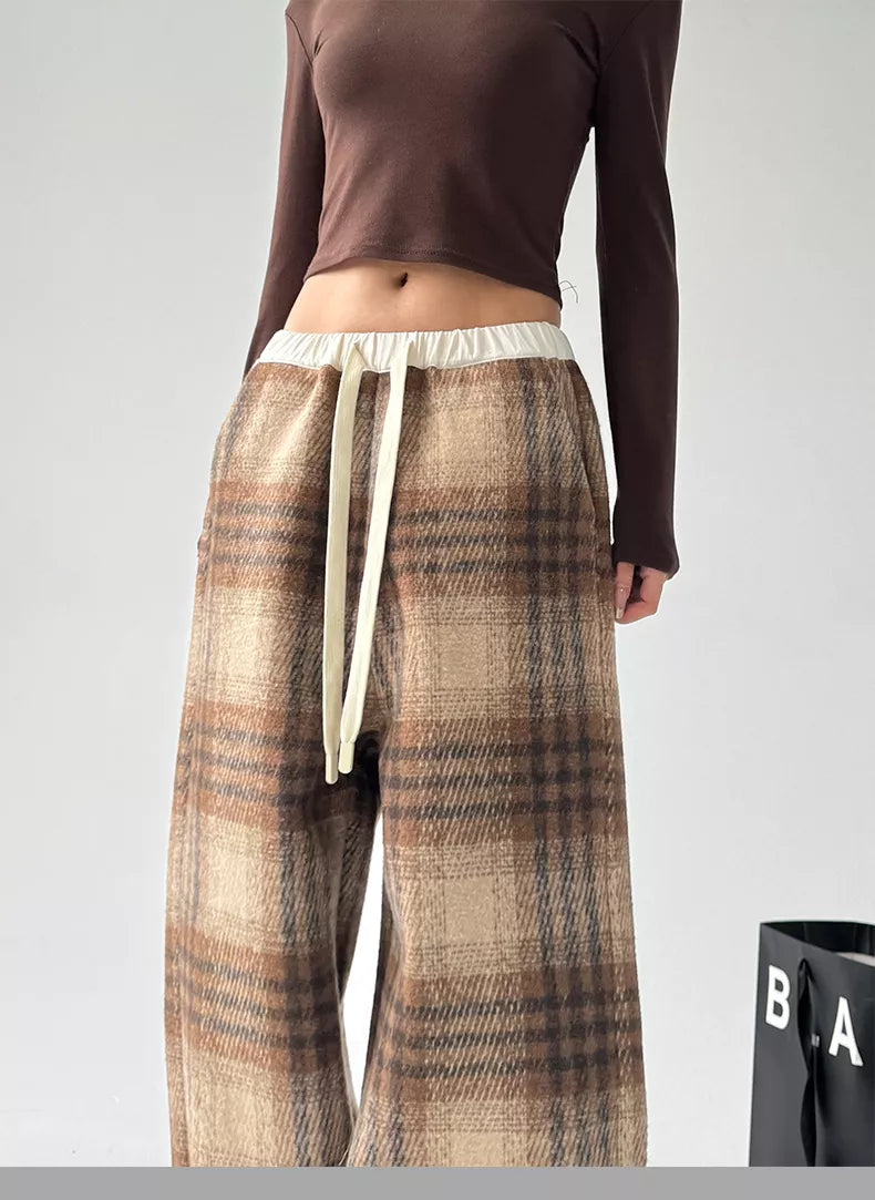 Women's Coffee High-Waisted Plaid Drawstring Woolen Wide Leg Pants