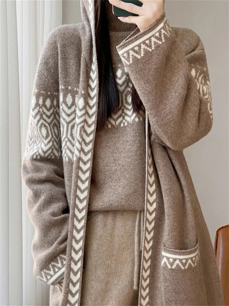 Women's Beige Geometric Jacquard Hooded Long Cardigan