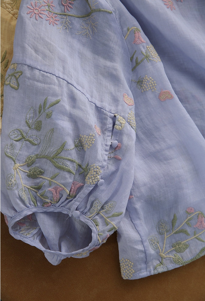 100% Ramie Top with Floral Embroidery & Lantern Sleeves
