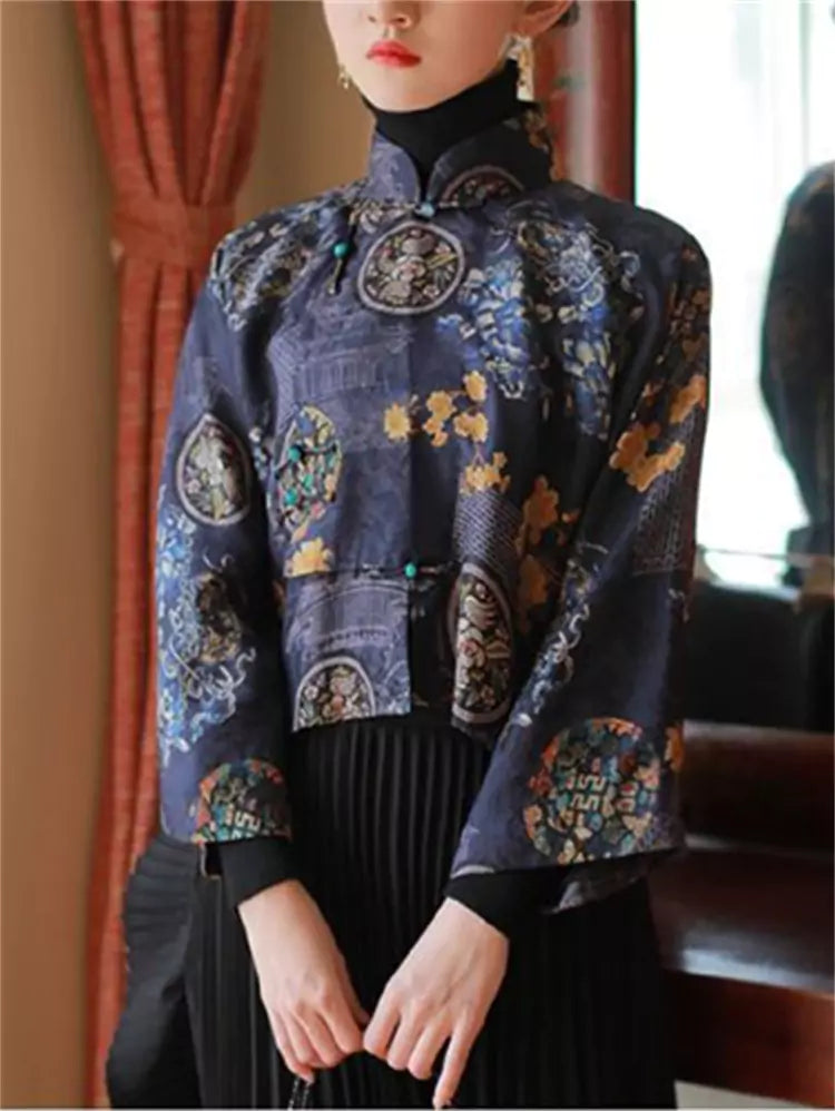 Vintage Chinese-Style Short Jacket with Flowing Sleeves