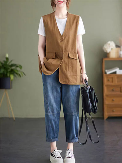 Plus Size Pockets Solid Color Cotton Vest for Women