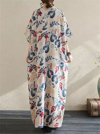 Maxikleid im Boho-Stil mit Blumenmuster aus Baumwoll-Leinen-Mischgewebe in Übergröße für Damen
