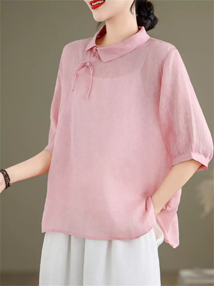 Elegant New Chinese Style Ramie Shirt for Women Half Sleeve