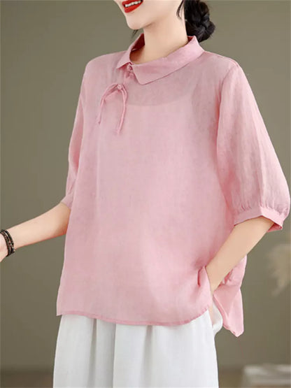 Elegantes Ramie-Hemd im chinesischen Stil für Damen, halblang, mit halben Ärmeln