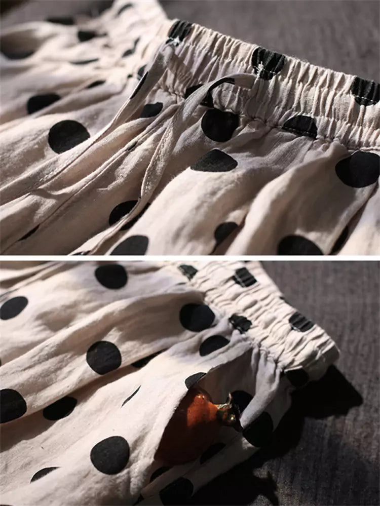Polka Dot Cotton Linen Wide Leg Casual Pants for Women Plus Size