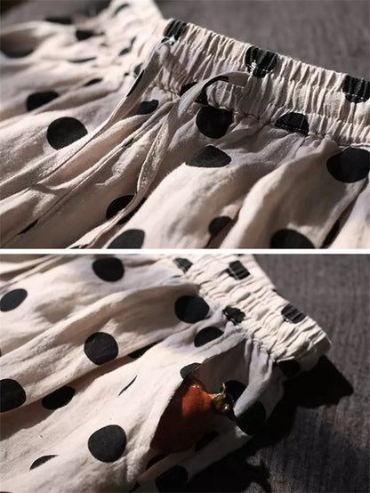 Pantalones casuales de lino y algodón con lunares y pierna ancha para mujer, talla grande