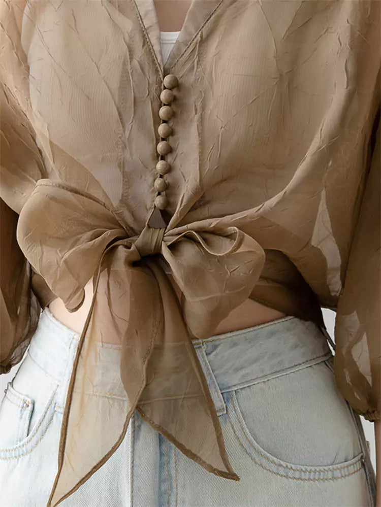 Lightweight V-Neck Chiffon Sun-Protective Blouse with Lantern Sleeves for Women