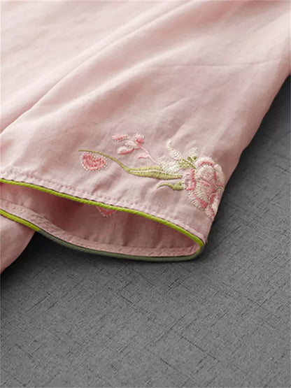 Vintage-Bluse aus Baumwoll-Leinen-Mischgewebe mit aprikosenfarbener, diagonal verlaufender Knopfleiste und Stickerei für Damen