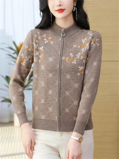 Elegante cárdigan de lana con cremallera y bordado para mujer