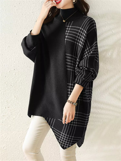 Damen-Rollkragenpulloverkleid mit asymmetrischem Karomuster – mittellang, dick gefüttert, lässiger Herbst-Winter-Stil