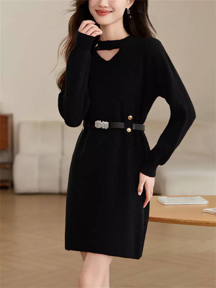 Women’s Red Hollow Knit Sweater Dress – Mid-Length Pullover for Autumn Winter
