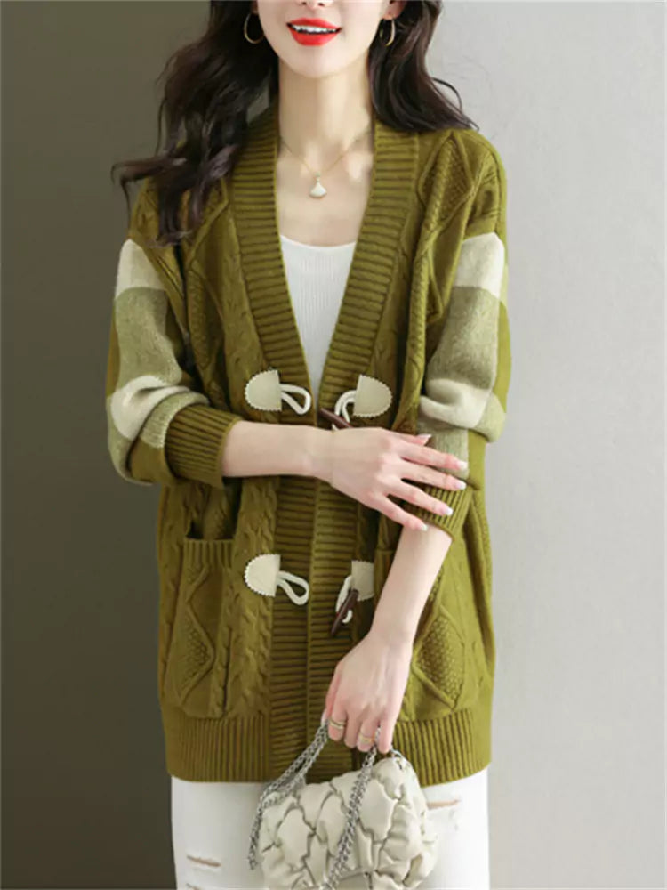 Cárdigan de punto trenzado de longitud media para mujer: abrigo holgado de otoño